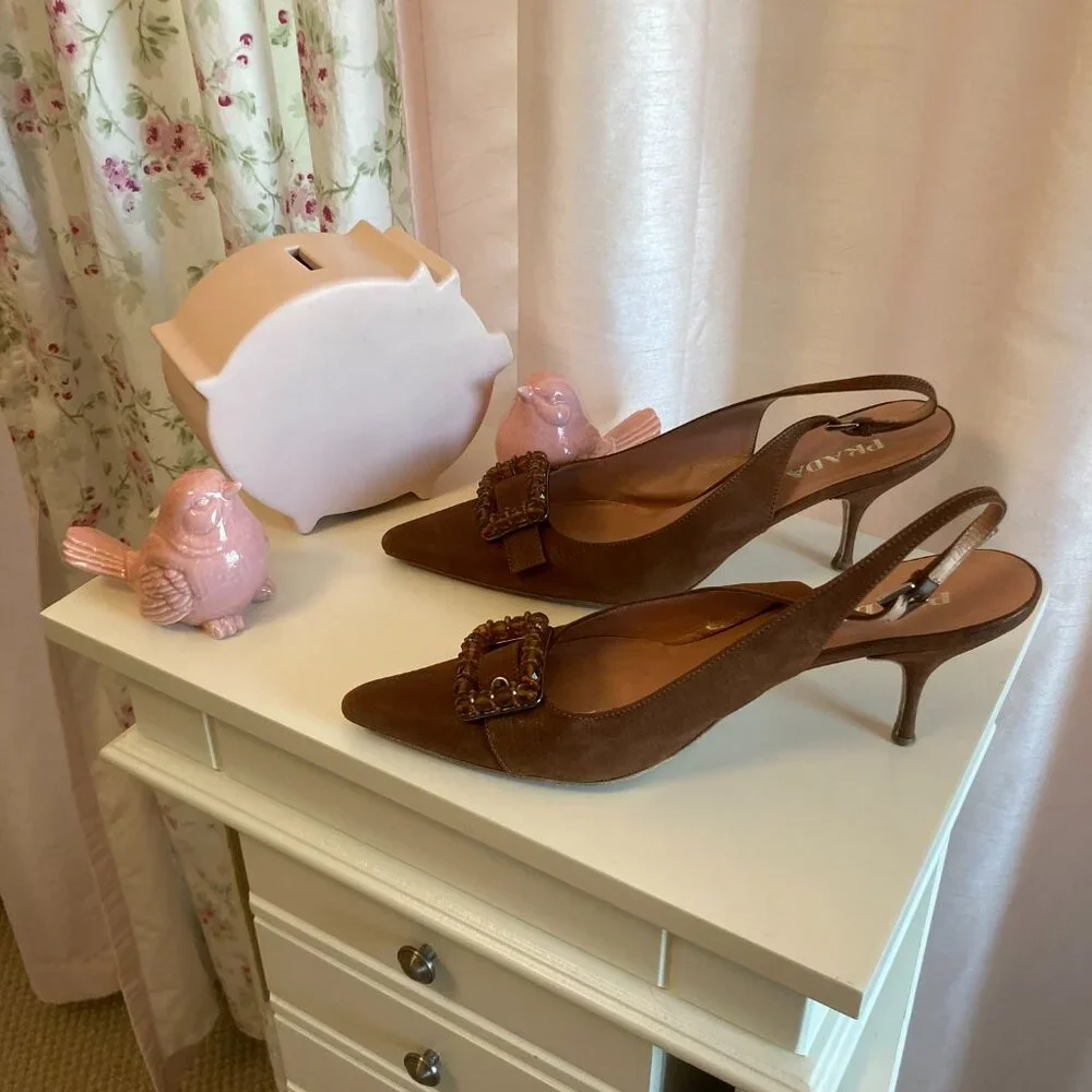 Prada chocolate brown suede beaded buckle slingbacks, sz. 38.5 - Picture 5 of 5